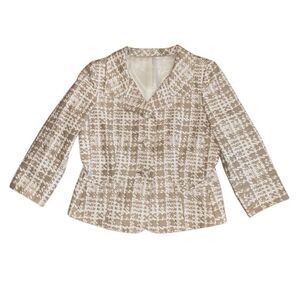 Isabella DeMarco Jacket in White and Tan Houndstooth Button Front - Size Large